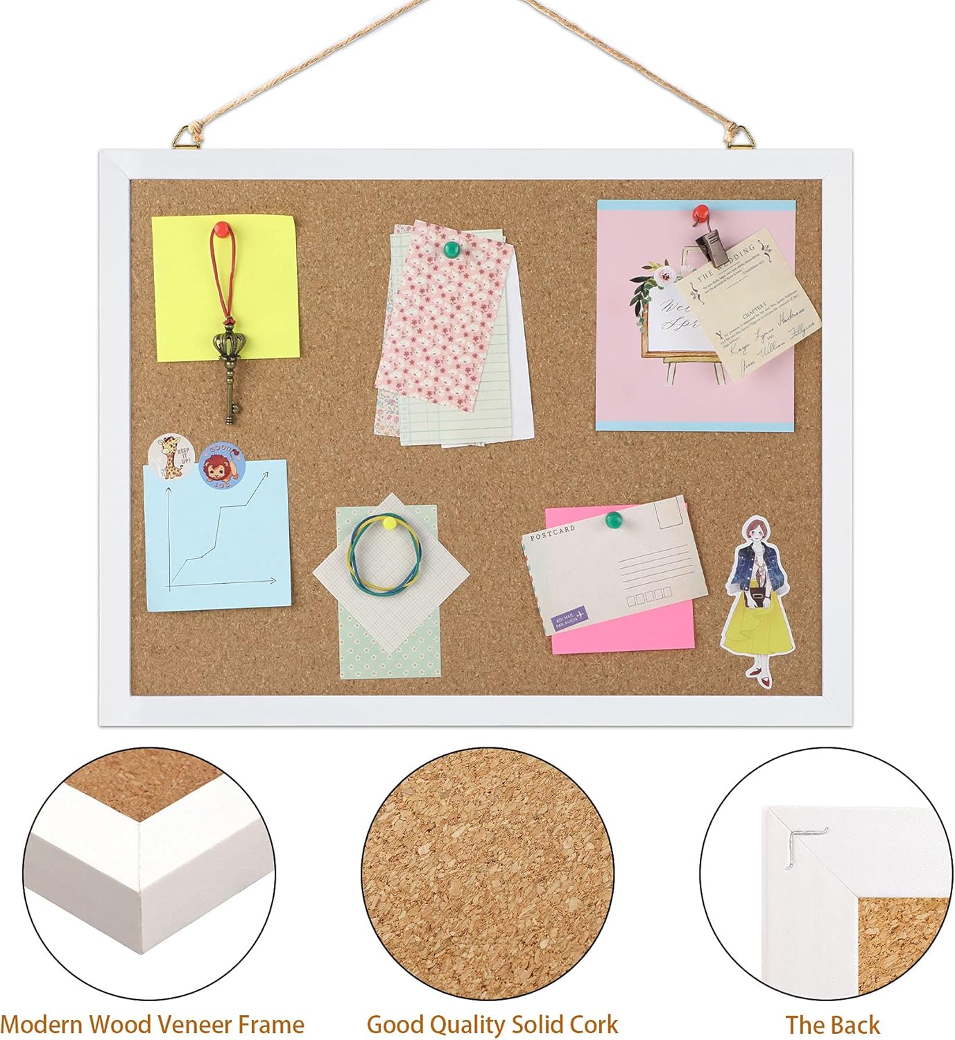 FEBSNOW Cork Board Bulletin Board 15.7 x 12 Inches with Rectangle White Frame Hanging Pin for Office Home Message Board or Vision Board Decoration