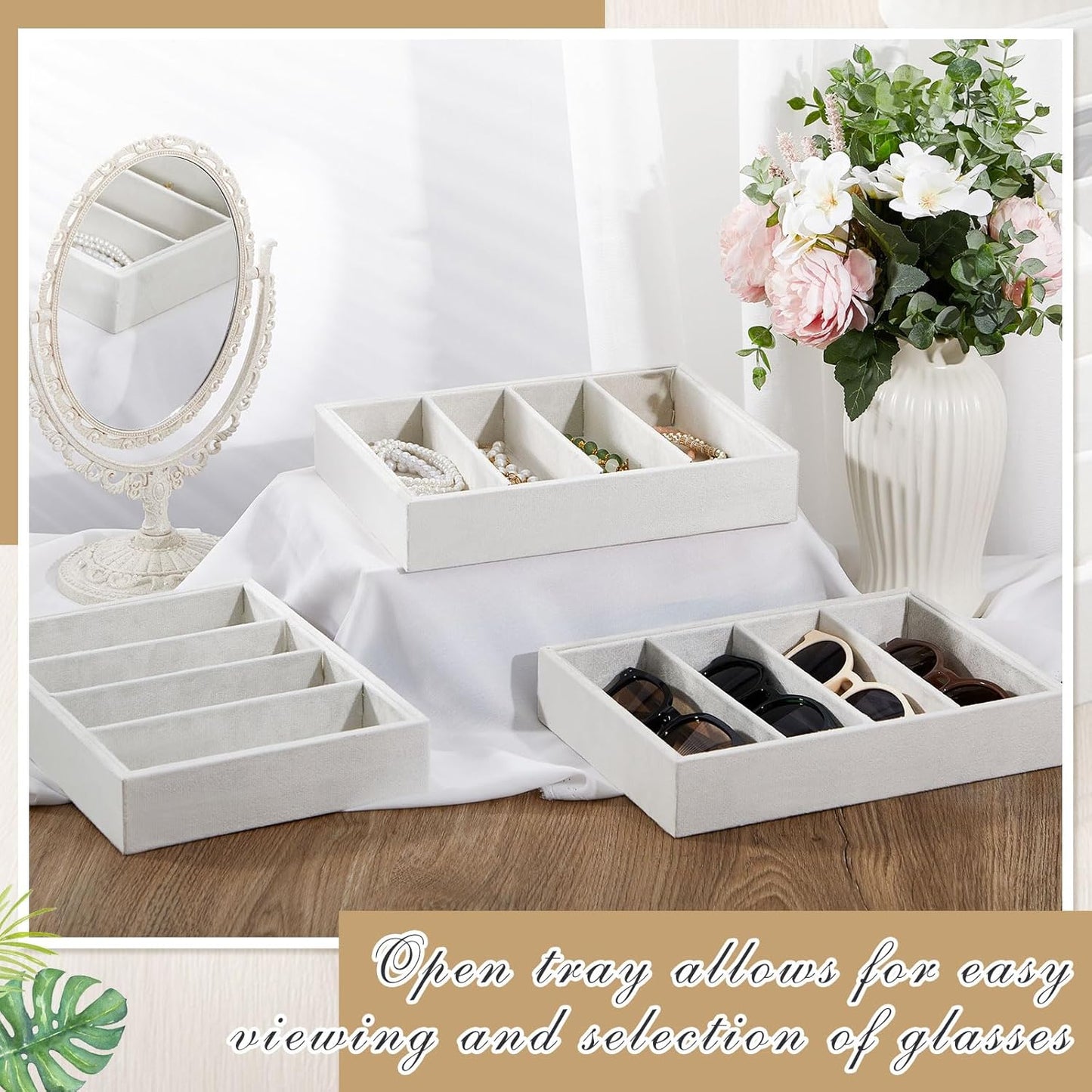 Amylove 4 Pcs Gray Sunglass Organizer Trays 4 Grids Velvet Glasses Holder Jewelry Display Organizer Eyeglasses Storage Box Drawer