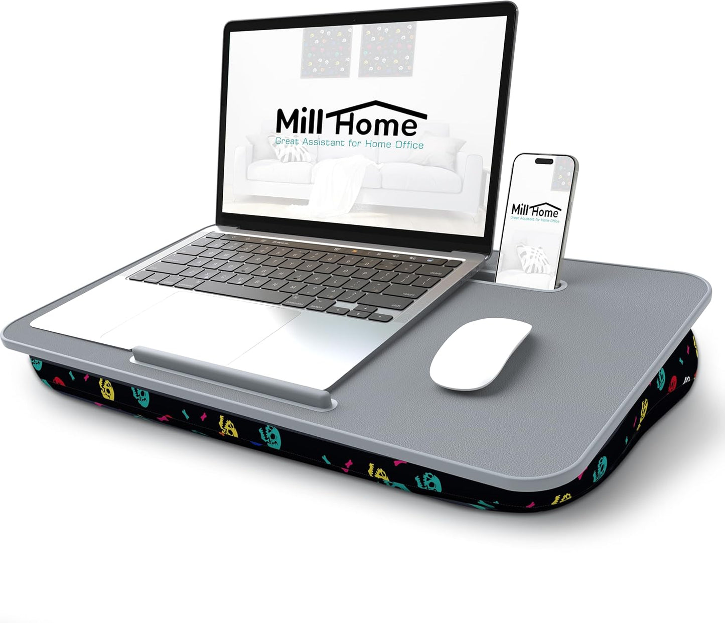 Lap Desk with Cushion, Fits up to 17 inch Laptop, Pillow Designed, Portable Laptop Stand with Tray, Pad & Phone Holder, Home Office for Bed/Couch/Car/Reading/Writing,MillHome (Black)
