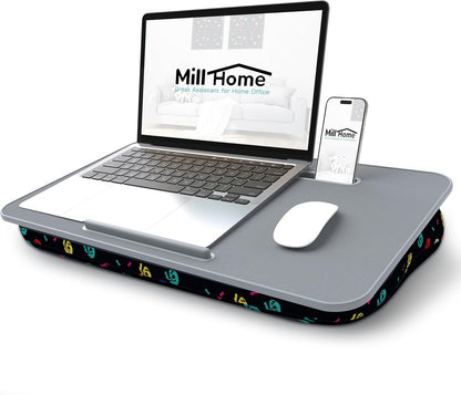 Lap Desk with Cushion, Fits up to 17 inch Laptop, Pillow Designed, Portable Laptop Stand with Tray, Pad & Phone Holder, Home Office for Bed/Couch/Car/Reading/Writing,MillHome (Black)