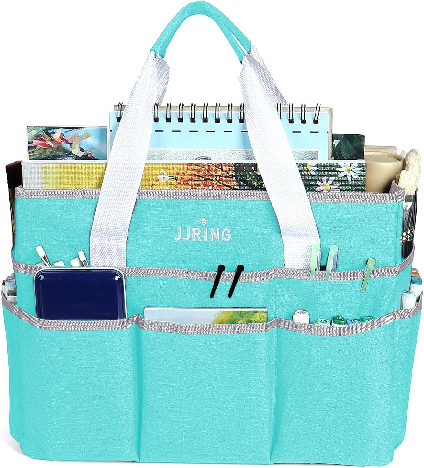 JJRING Craft Organizer Tote Bag for Art Storage, Caddy with Multiple Pockets, Bluish Green Sewing Bag for Scrapbooking, School, Medical, and Office Supplies