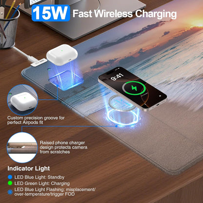 Wireless Charging Mouse Pad with Foldable Phone Holder, 31.5"x15.8" Large Desk Mat for Laptop/Keyboard, Waterproof Ultra-Smooth Surface, Non-Slip Base, Black