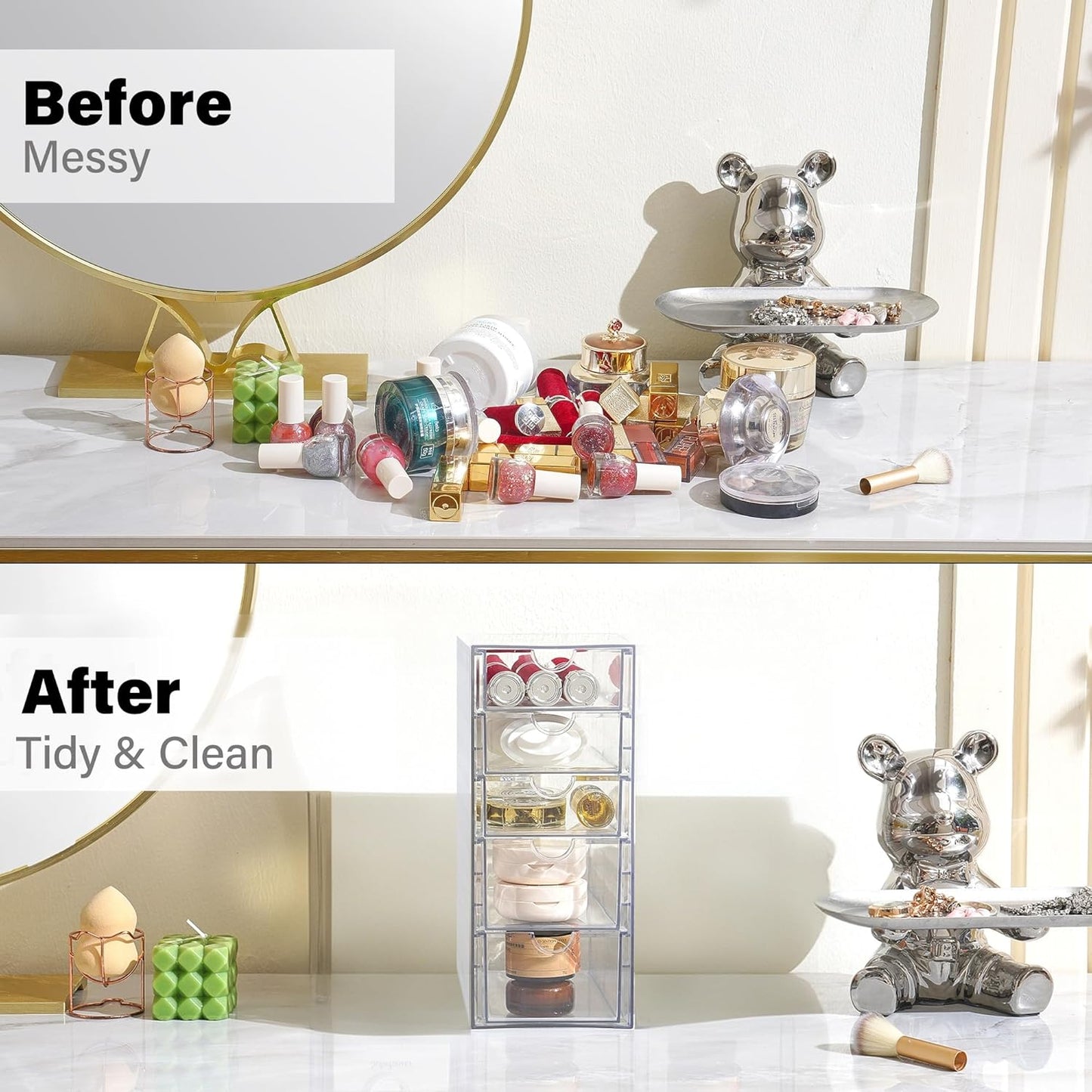 Prsildan Acrylic Drawer Makeup Organizer with 6 Drawers (Not for Baby Bottle), Set of 2 Office Desk Organizers Accessories, Clear Stackable Storage Drawers for Vanity, Craft (Largest Drawer 4" Tall)