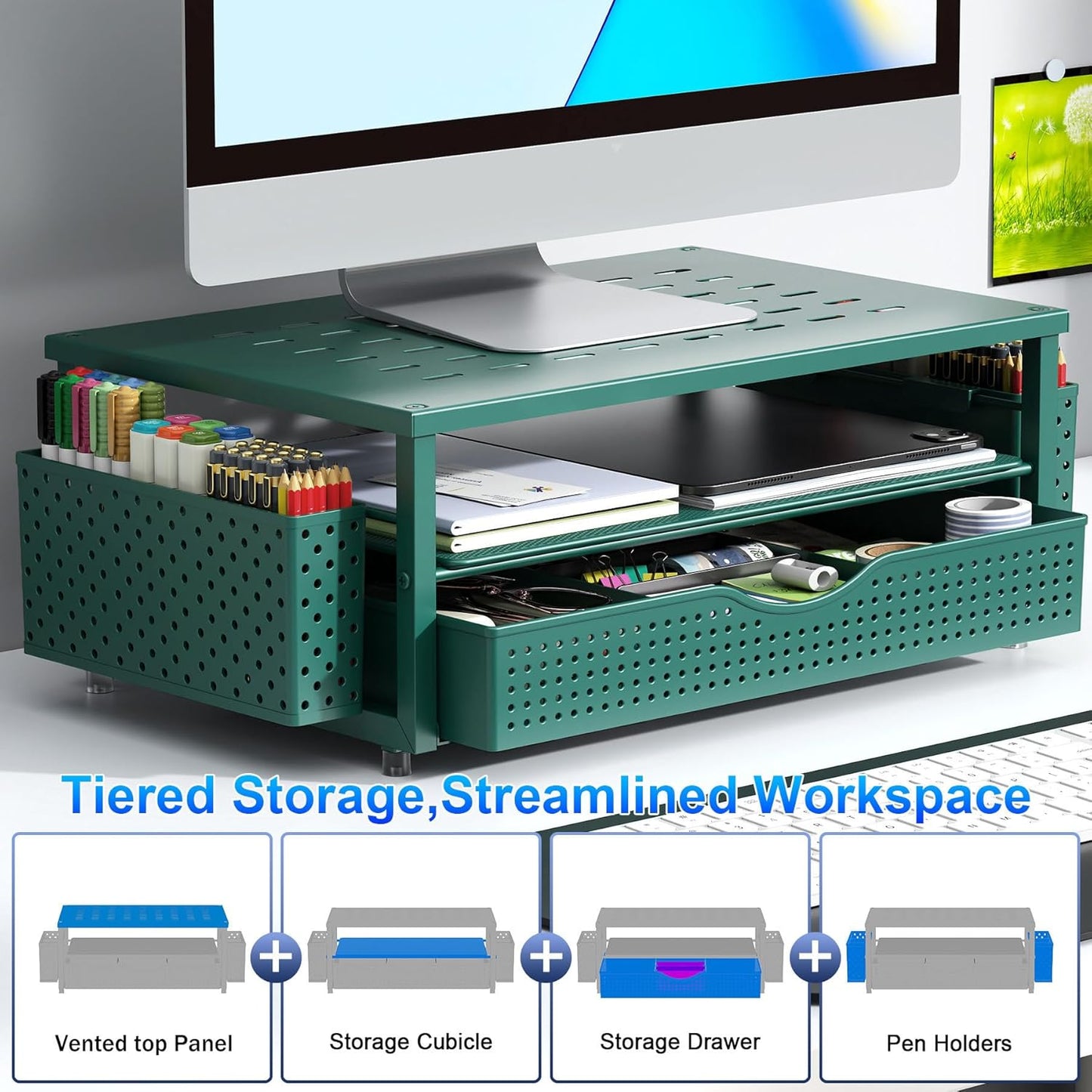 gianotter Monitor Stand Riser, Office Desk Shelf Organizer, Desk Organizer with Drawer and Pen Holder, 2-Tier Computer Stand, Office Organization (Ink)