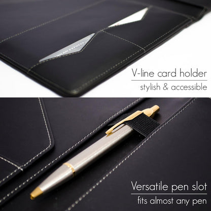 STYLIO Padfolio Portfolio Organizer Binder | Interview Resume Folder, Legal Document, Business Card Holder |w/Letter-Sized Notepad | Handsome Piano Noir Faux Leather Folio Matte Finish, Accent Stitch
