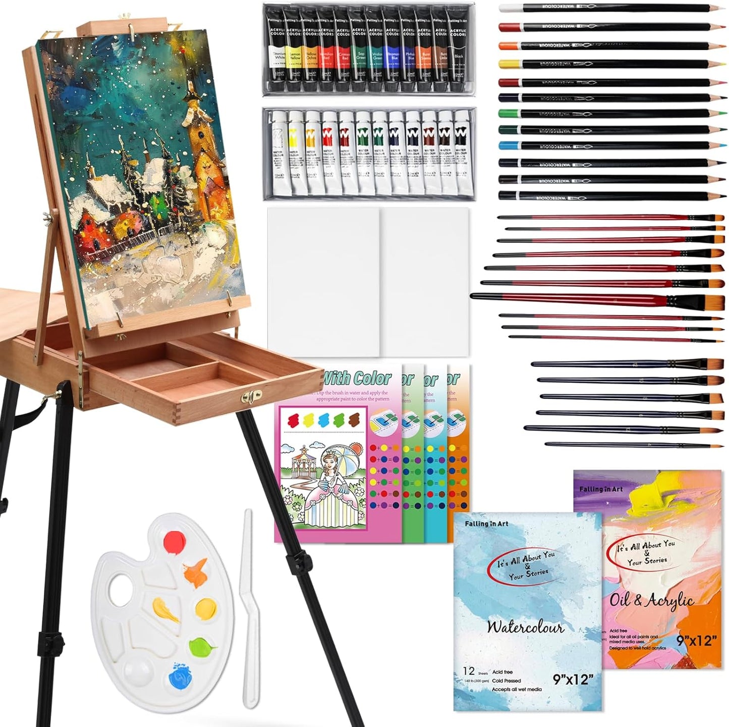 Falling in Art Light Weight French Style Field and Sketchebox Easel with Aluminum Tripod, Adjustable Beechwood Tripod Standing Easel with Drawer, Palette