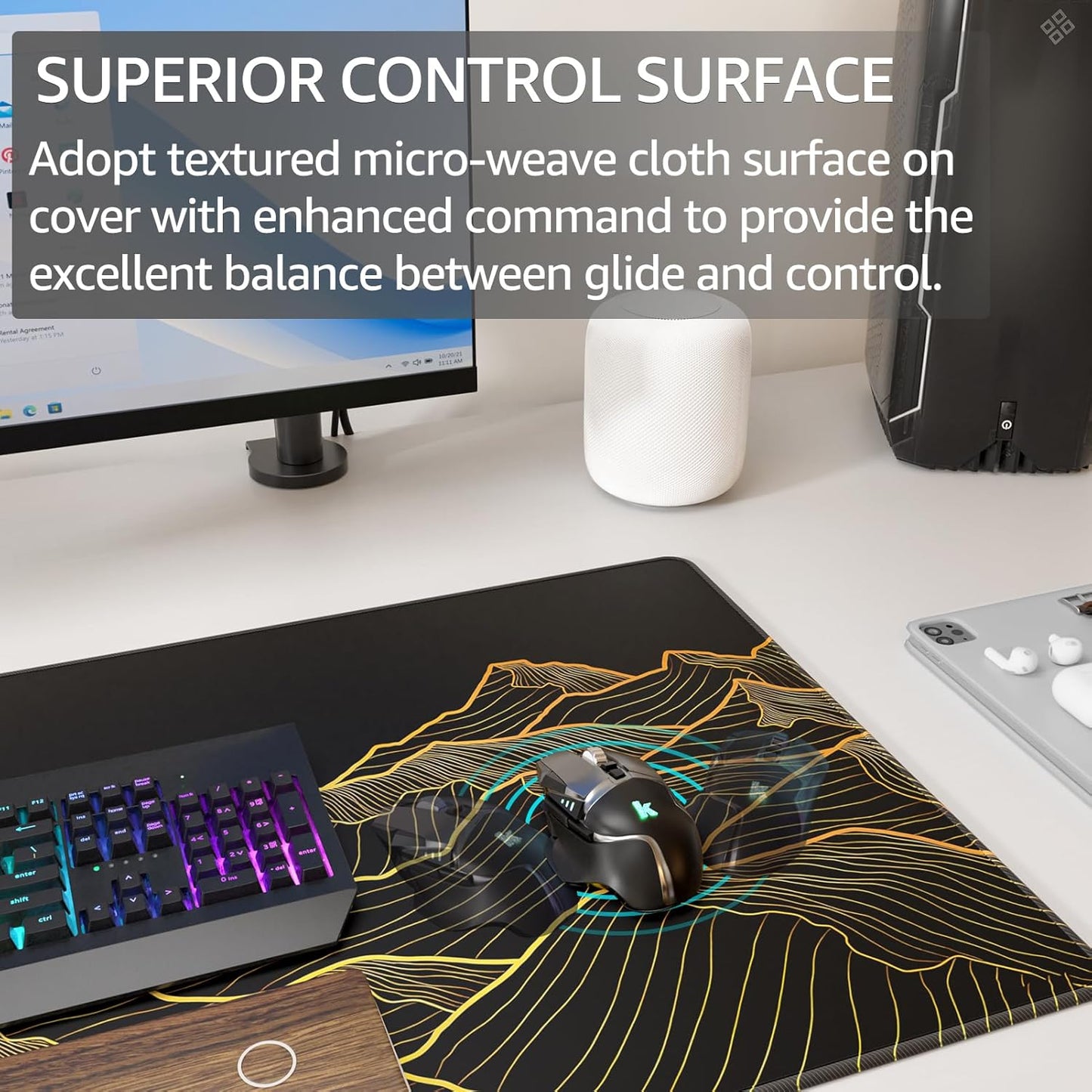 KTRIO Large Gaming Mouse Pad Desk Mat, Superior Micro-Weave Cloth for Precise Mouse Control, Non-Slip Rubber Base, Stitched Edges, Water-Resistant, for Gamer, Office & Home, 31.5" x 11.8" inches