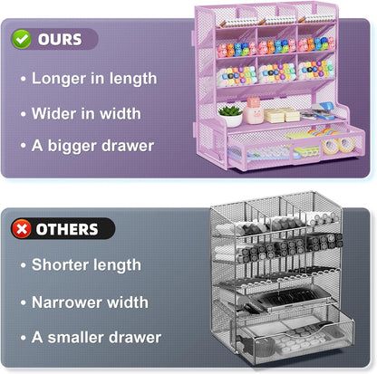 Marbrasse Larger Mesh Desk Organizer with Drawer, Multi-Functional Pen Pencil Holder, Easy Assembly, Desk Organizers and Accessories for Office Art Supplies (Black)