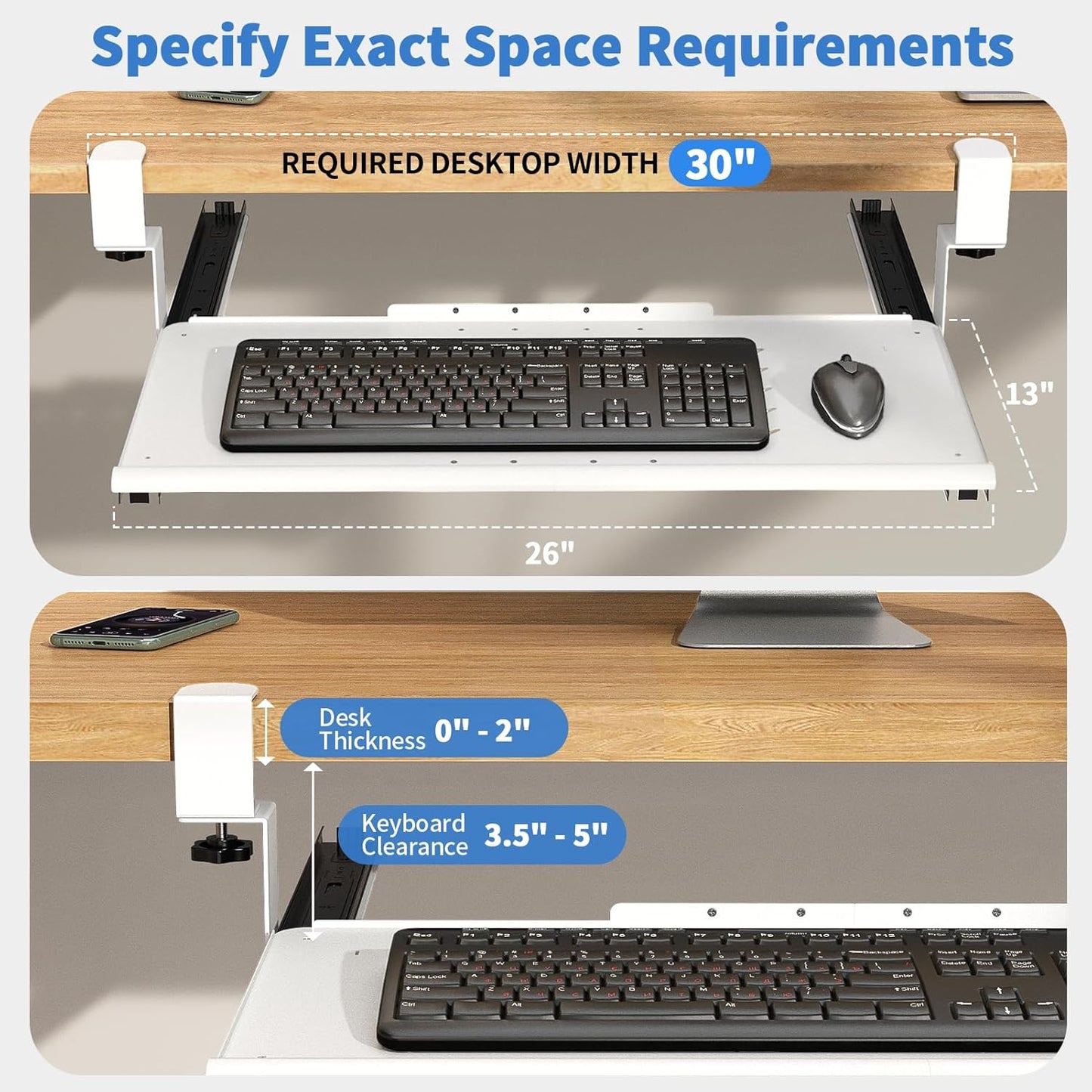 Keyboard Tray Under Desk - Full Metal Slide Out Holder, Rust-Resistant & Scratch-Proof, Double C-Clamps, 26x13" Tray for L Shape/Regular Desks, Standing/Sitting Workstation(White-A)