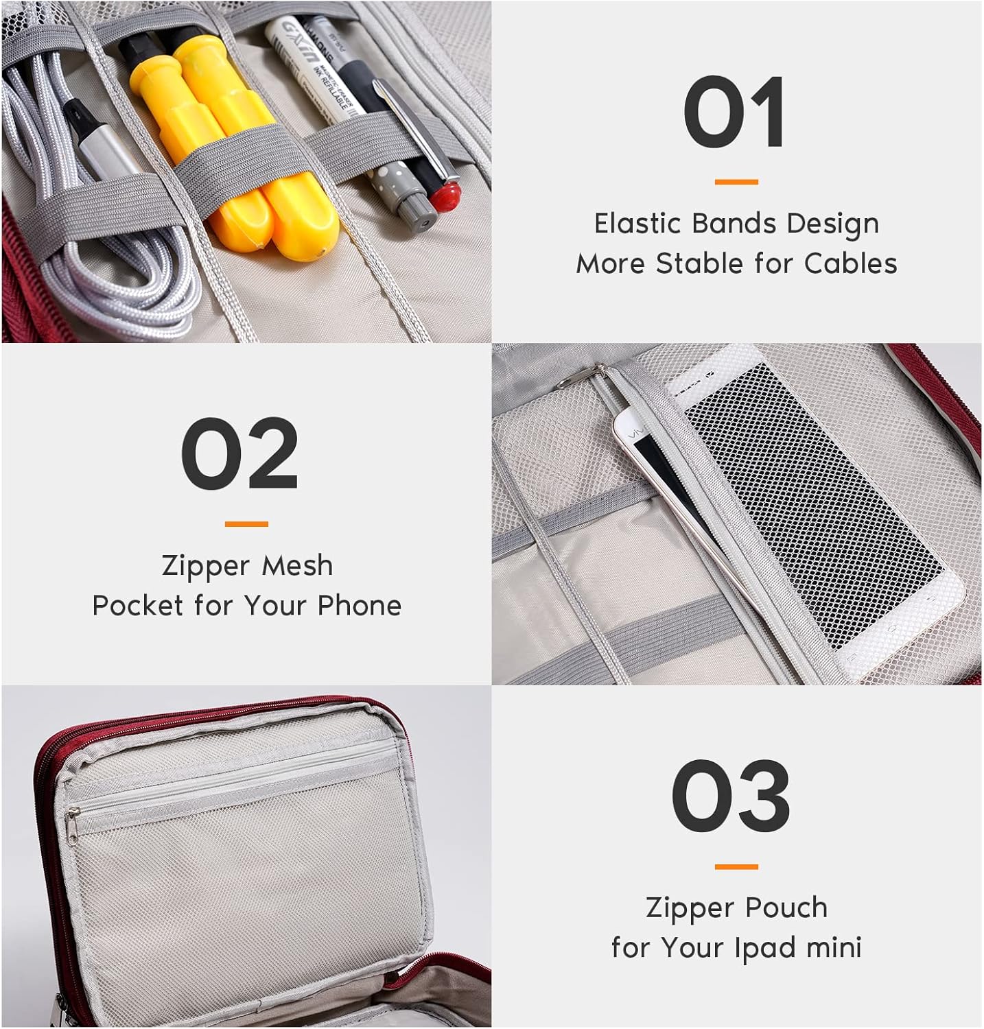 OrgaWise Electronics Organizer, Electronic Accessories Bag Travel Cable Organizer Three-Layer for iPad Mini, Kindle, Hard Drives, Cables, Chargers