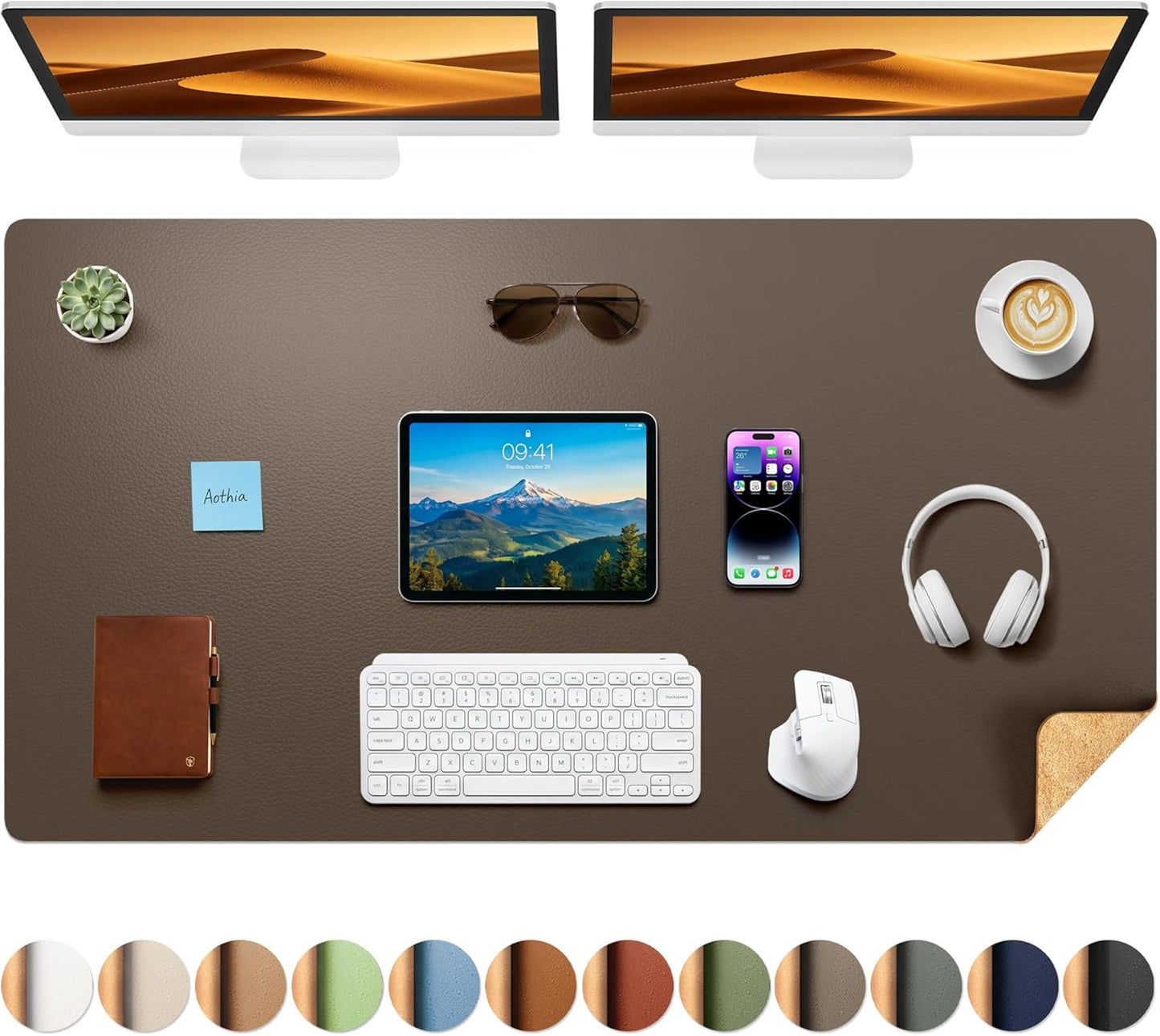 Aothia Dual-Sided Desk Pad - 25.6x13.7 inches Leather Desk Mat, Natural Cork Desk Pad Protector, Large Mouse Pad for Desk, Waterproof Desk Blotter Pad, Desk Writing Pad for Office Work/Home, Black