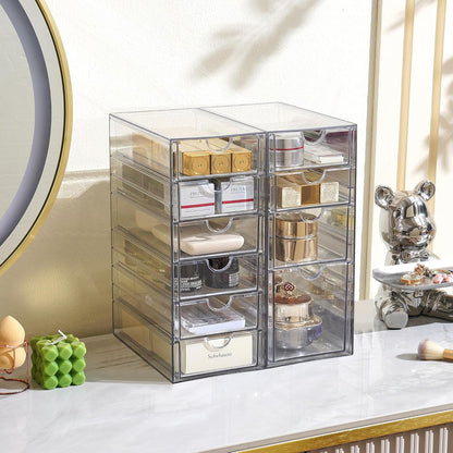 Prsildan Acrylic Drawer Makeup Organizer with 6 Drawers (Not for Baby Bottle), Set of 2 Office Desk Organizers Accessories, Clear Stackable Storage Drawers for Vanity, Craft (Largest Drawer 4" Tall)