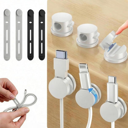 360° Rotatable Cord Organizer Set: 10 Pack Cable Holders & Silicone Cable Straps, Adhesive Wire Fixer for Desk Phone Charger, Nightstand Cable Management for Home Travel Office Accessories Black