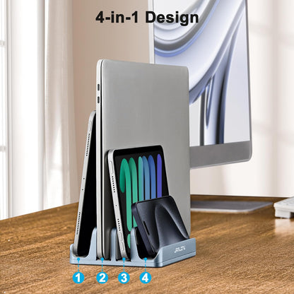 JARLINK 4-in-1 Adjustable Vertical Laptop Stand Holder, Aluminum Dual Slots Laptop Rack for Desk, Space-Saving Organizer Compatible with All MacBook, Surface, Chromebook, and Gaming Laptops (Grey)