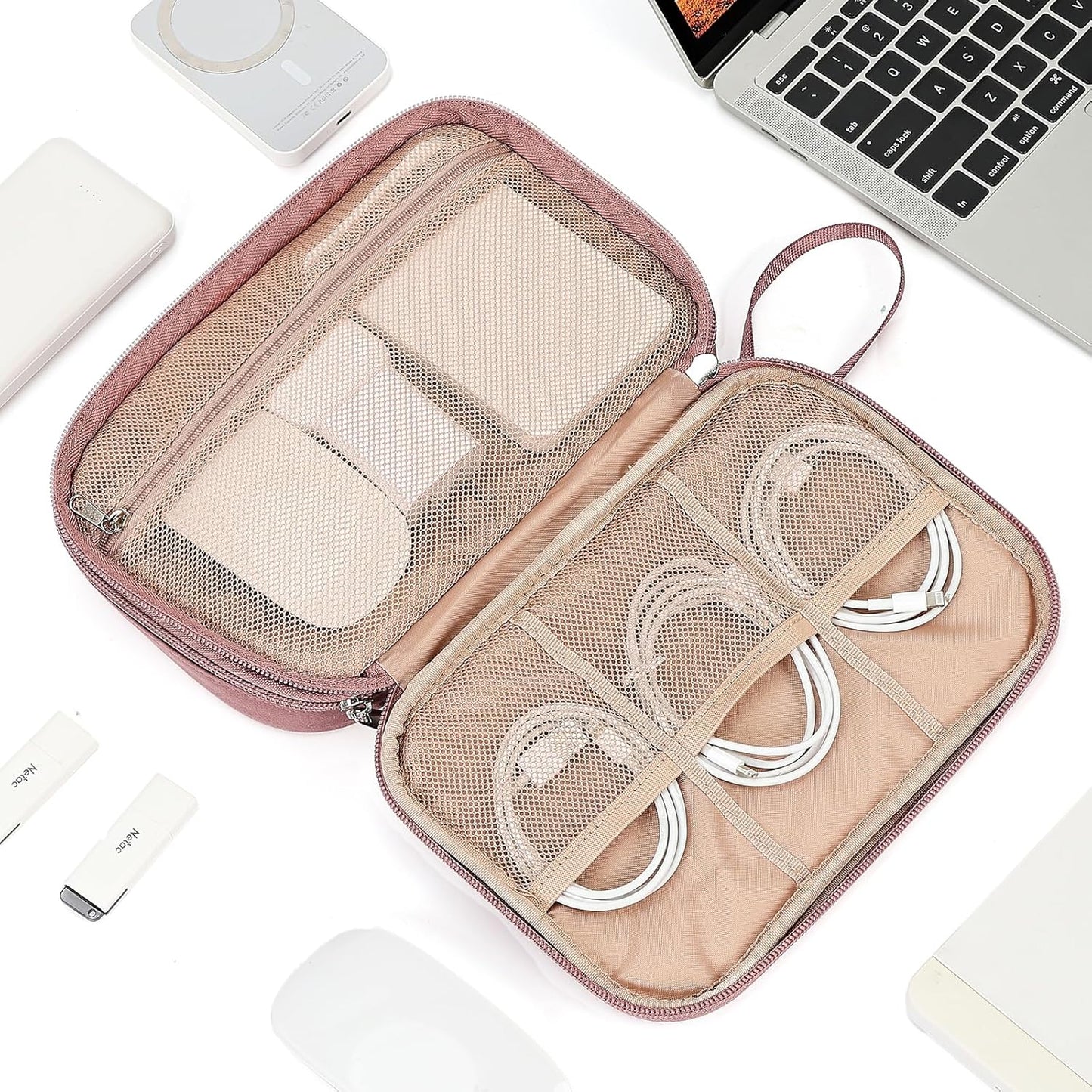 NISHEL Travel Cord Organizer Case, Double Layers Tech Electronic Bag, Essentials for Charger, Cable, Phone, Flash drive, Medium, Pink