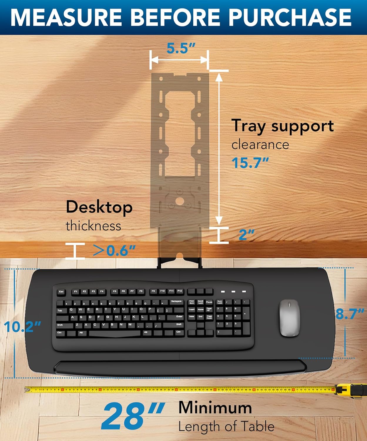 AX WABER Keyboard Tray Under Desk with Storage Drawer, Height Adjustable Keyboard Tray Slide Out 360° Swivel Tilt, Ergonomic Under Desk Mount Keyboard & Mouse Holder for Gaming Home Office, Black
