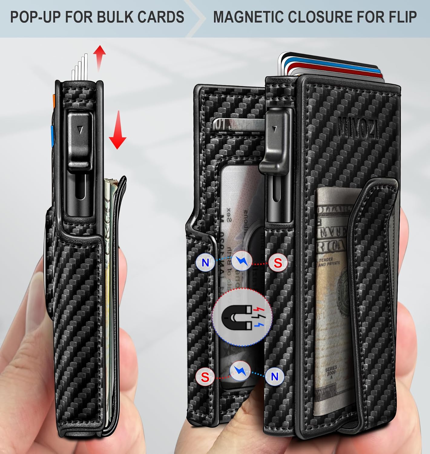 miyozi Airtag Wallet for Men,with Money Clip 10 Cards Metal Case Smart Slim Pop Up Credit Card Holder Flip with Magnetic Closure RFID Blocking wallet with Gift Box