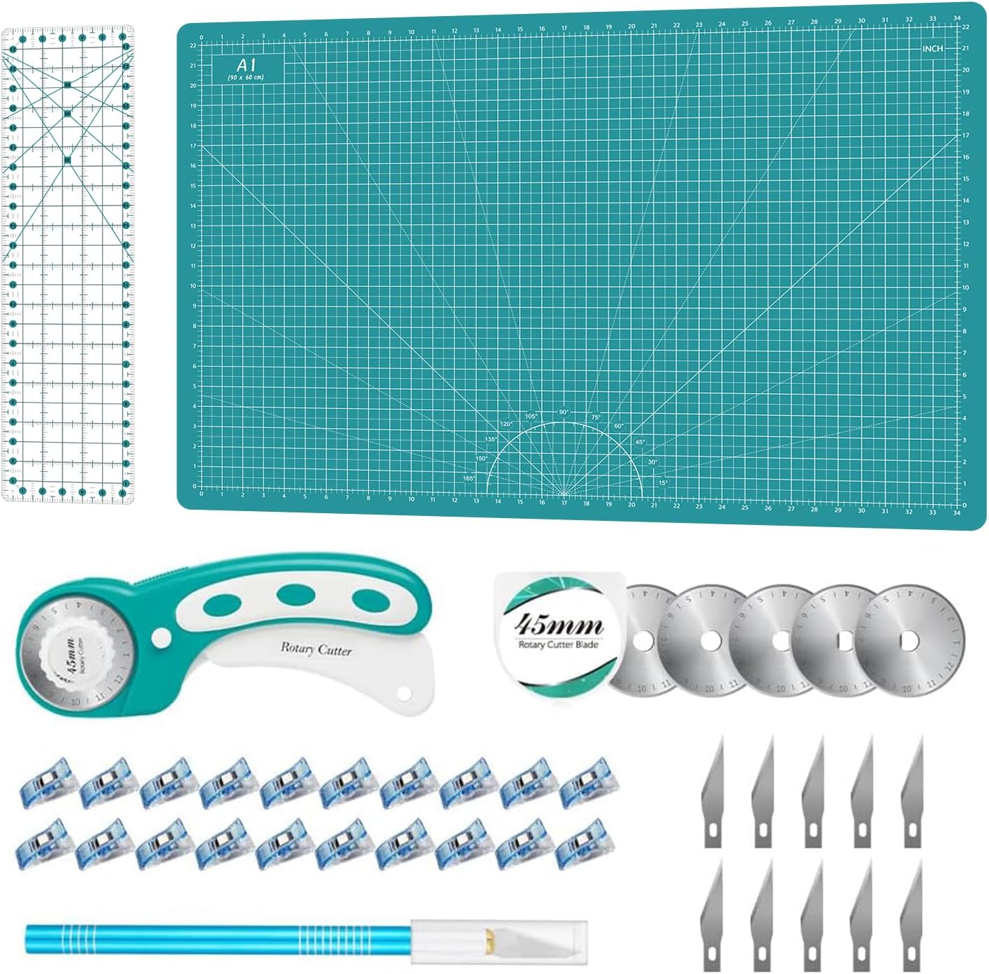 Headley Tools Rotary Cutter Set - 45mm Fabric Cutter, 5 Extra Rotary Blades, A3 Cutting Mat, Quilting Ruler and Sewing Clips, Craft Knife Set, Ideal for Crafting, Sewing, Patchworking, Purple
