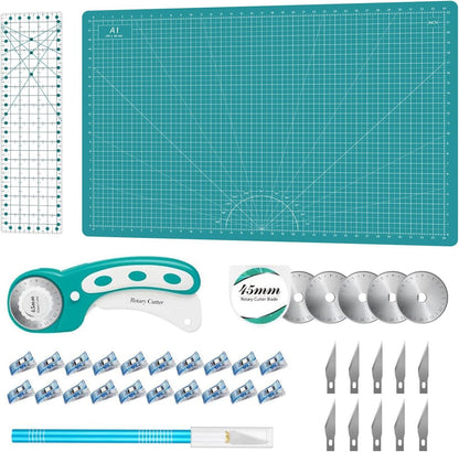 Headley Tools Rotary Cutter Set - 45mm Fabric Cutter, 5 Extra Rotary Blades, A3 Cutting Mat, Quilting Ruler and Sewing Clips, Craft Knife Set, Ideal for Crafting, Sewing, Patchworking, Purple