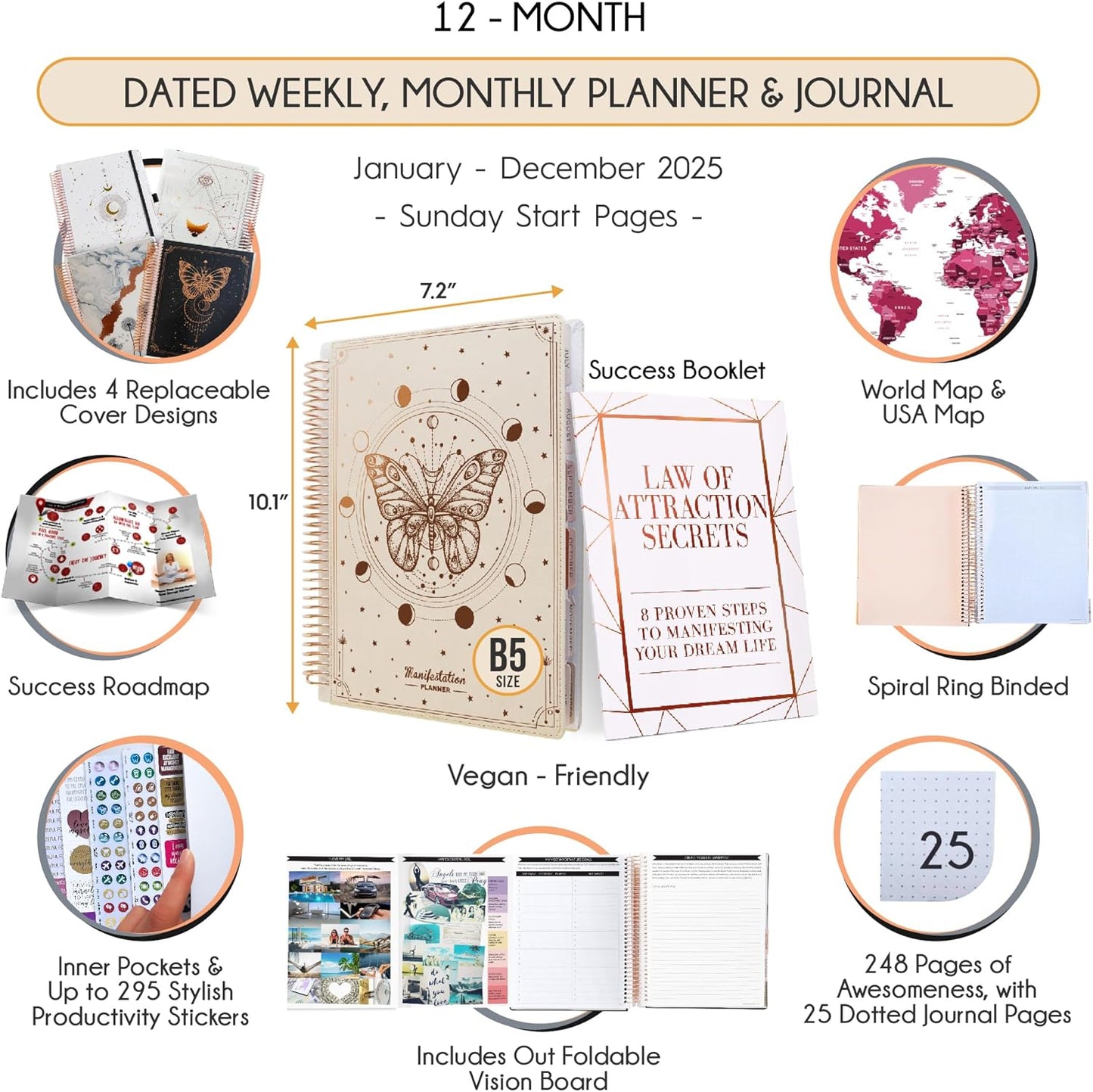Manifestation Journal – Hourly, Weekly & Monthly Planner | 12-Month to Increase Productivity, Life Organizer & Goal Planner | Spiral Journal, Habit Tracker, Foldable Vision Board, Gift Box & Stickers