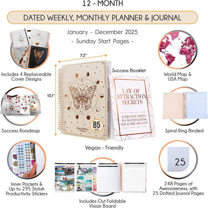 Manifestation Journal – Hourly, Weekly & Monthly Planner | 12-Month to Increase Productivity, Life Organizer & Goal Planner | Spiral Journal, Habit Tracker, Foldable Vision Board, Gift Box & Stickers