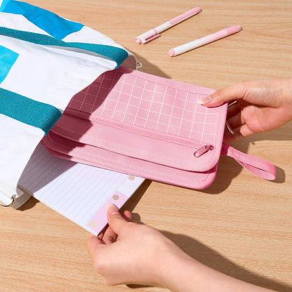 Sooez Large Pencil Case, Big Capacity Pencil Pouch Pen Bag with 3 Compartment, Portable Canvas Stationery Organizer with Zipper, Cute Aesthetic School Supplies for Teen Girls College, Pink with Plaid