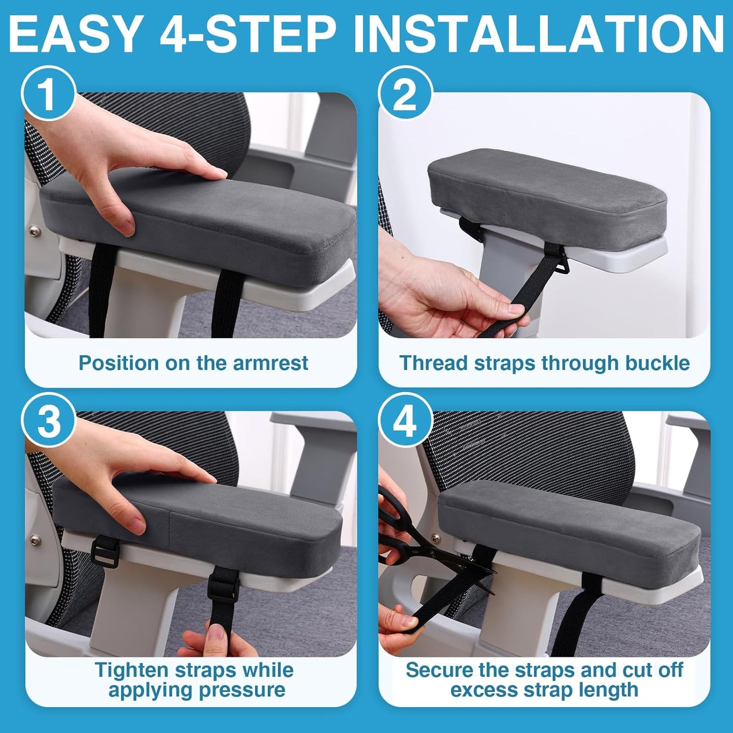 Smiry Ergonomic Office Chair Armrest Pads, Memory Foam Arm Rest Covers, Non-Slip Armrest Cushion with Adjustable Buckles and Straps, Elbow Relief for Desk, Gaming & Wheelchair (Black, Set of 2)