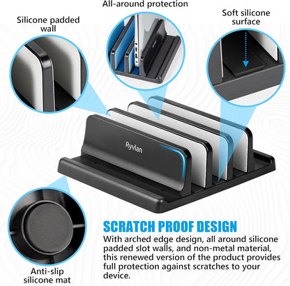 Ryvlan Vertical Laptop Stand, 3 Slot Adjustable Laptop Storage Rack and Desk Organizer, Silicone-Padded Holder for Multiple Devices Storage, Compatible Stand for Tablets and Devices up to 17 Inches