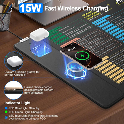 Wireless Charging Mouse Pad with Foldable Phone Holder, 31.5"x15.8" Large Desk Mat for Laptop/Keyboard, Waterproof Ultra-Smooth Surface, Non-Slip Base, Black