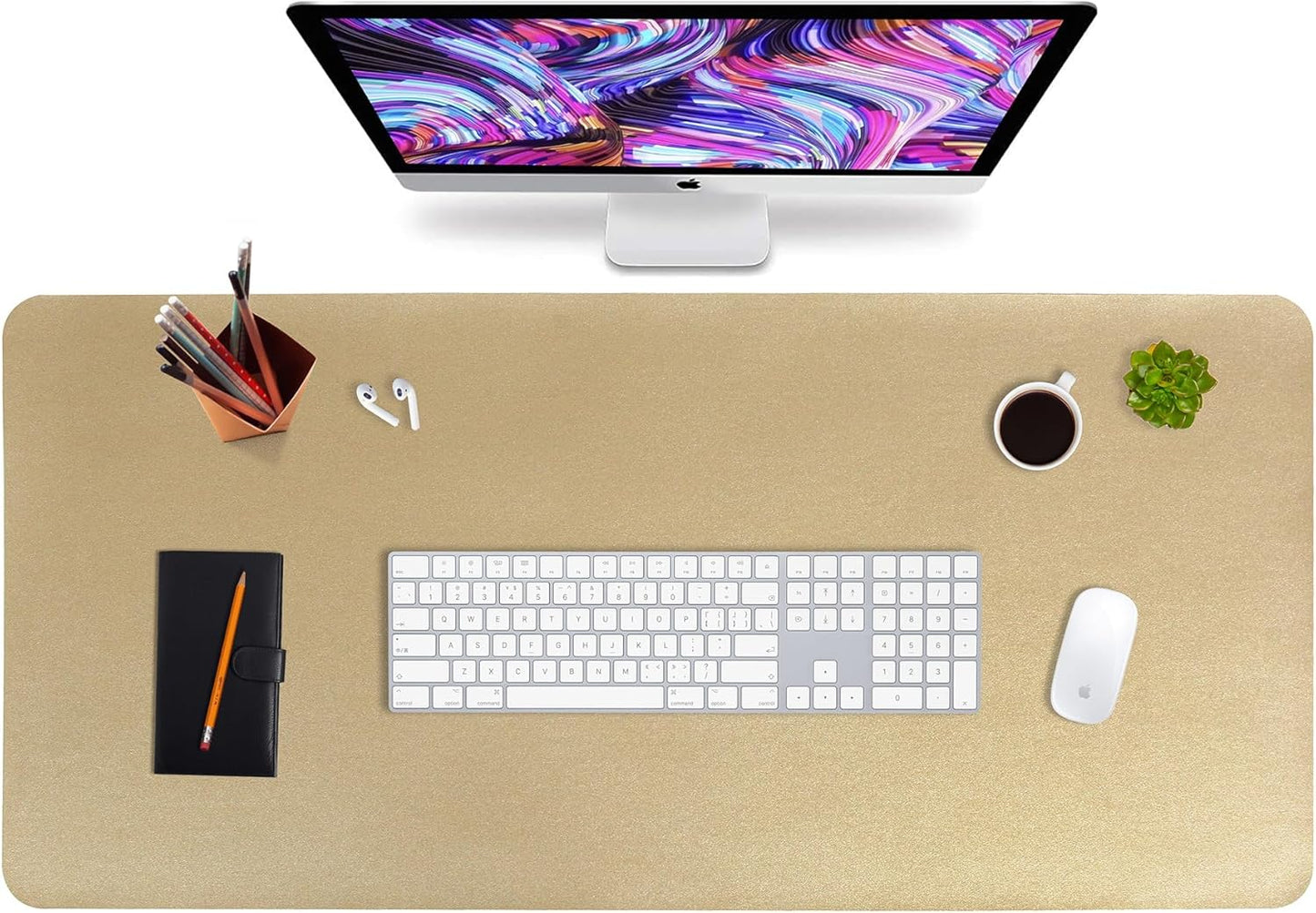 HofferRuffer Desk Pad, Office Desk Protector Mat, Waterproof Desk Mat for Desktop, Dual Side Use Faux Leather Desk Pad for Keyboard and Mouse for Office and Home (Gold+Cork, 31.5" x 15.8")