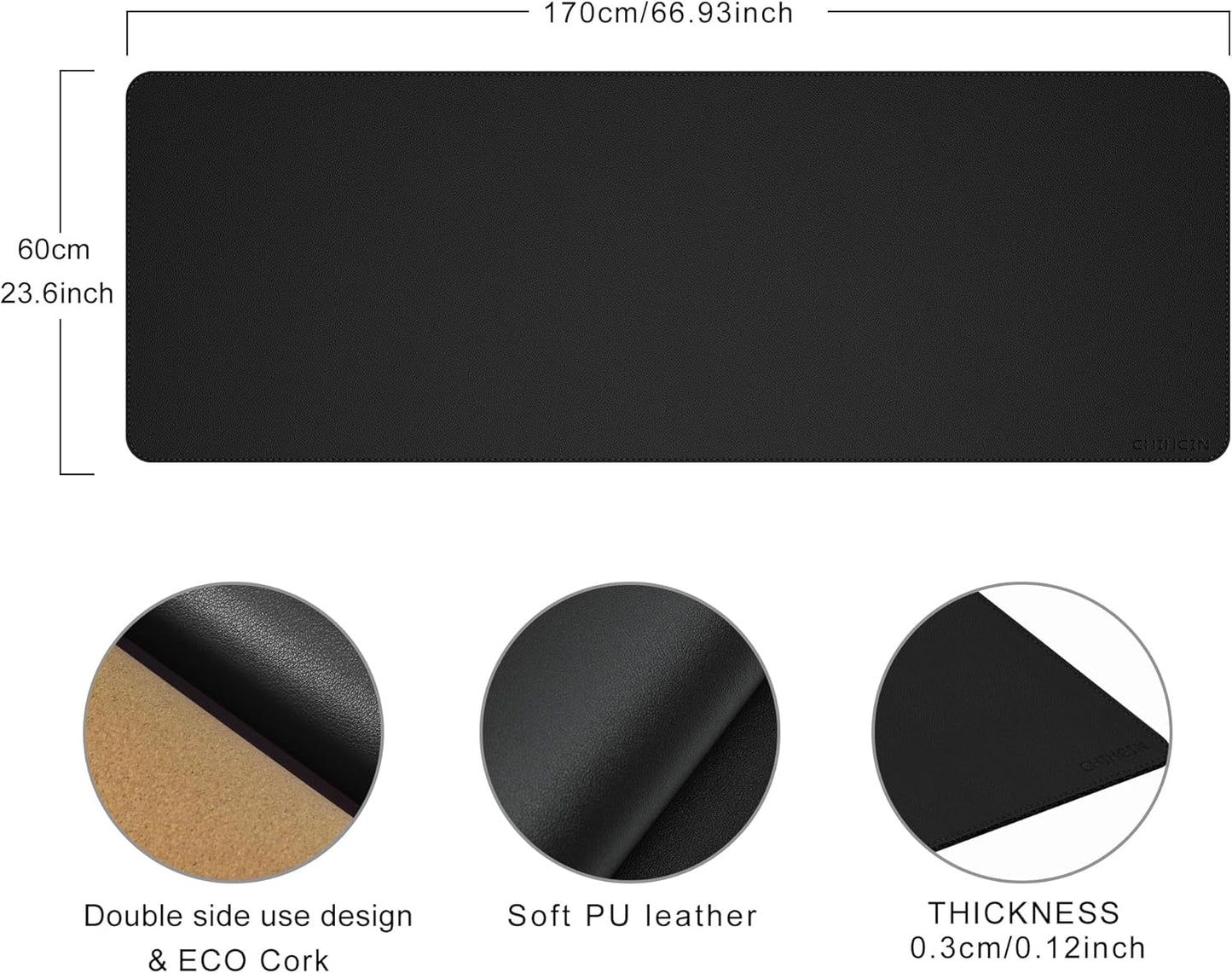 Chihein 2XL 35" x 16" Cork & PU Leather Desk Mat, Dual Sided Desk Pad Protector, Waterproof Writing Blotter for Gaming, Office, Home (Black)