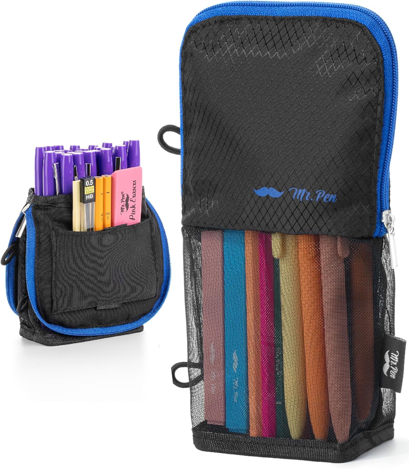 Mr. Pen- Standing Pencil Case Pouch, Sit & Lay Mesh-View Design, Black & Gray, Interior Pocket & 2 Elastic Binder Loops, Cute Pencil Case for Girls and Boys