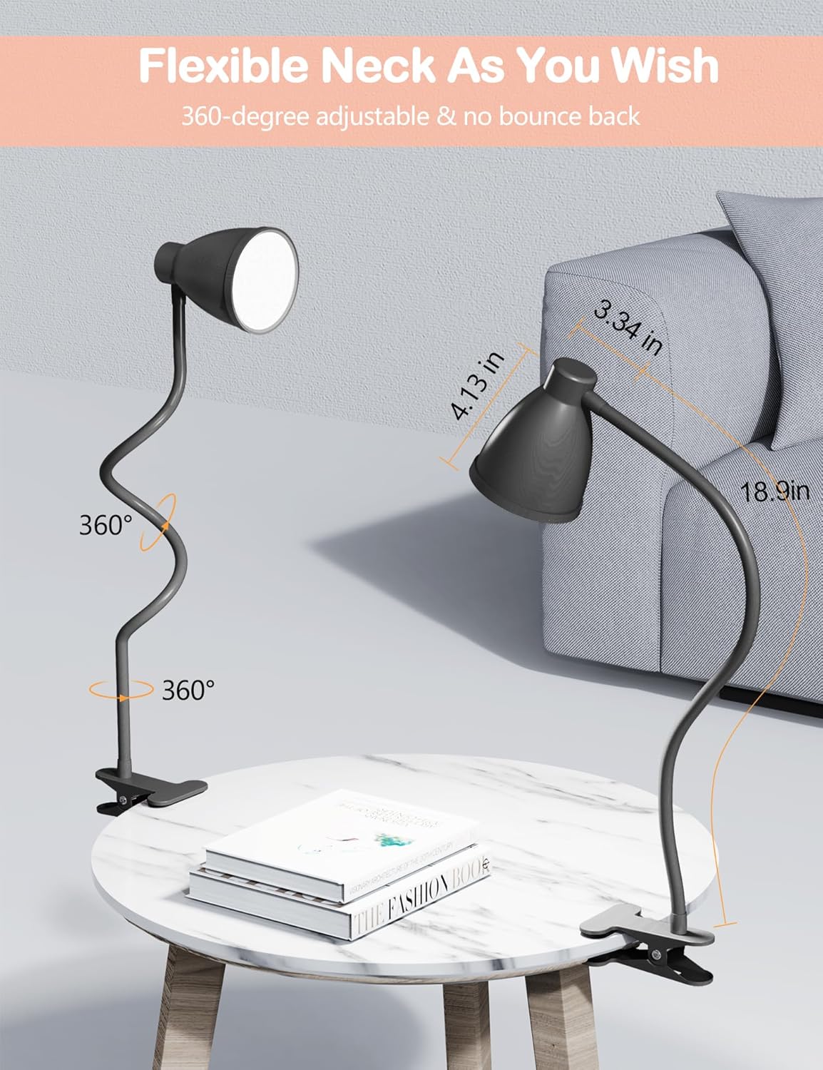 BOHON Clip on Light, 10W 38 LED Desk Lamp with Clamp, 5 Color 10 Brightness Auto Off Timer, Flexible Neck Clip Lamp, Desk Lights for Office Home Bed Bedside Reading, Bright Yellow