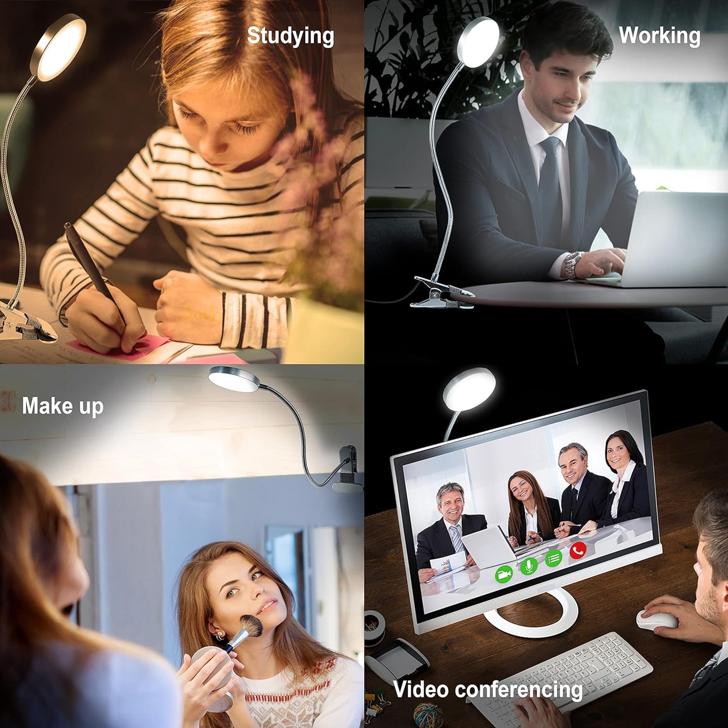 LiFMIRA Clip-on Lamp Reading Light - 5 Color Modes, 10 Brightness Levels, 8W, 66 LED, Eye-Caring Metal Clamp Light with Gooseneck for Bed, Headboard, Desk, Video Conferencing, Makeup
