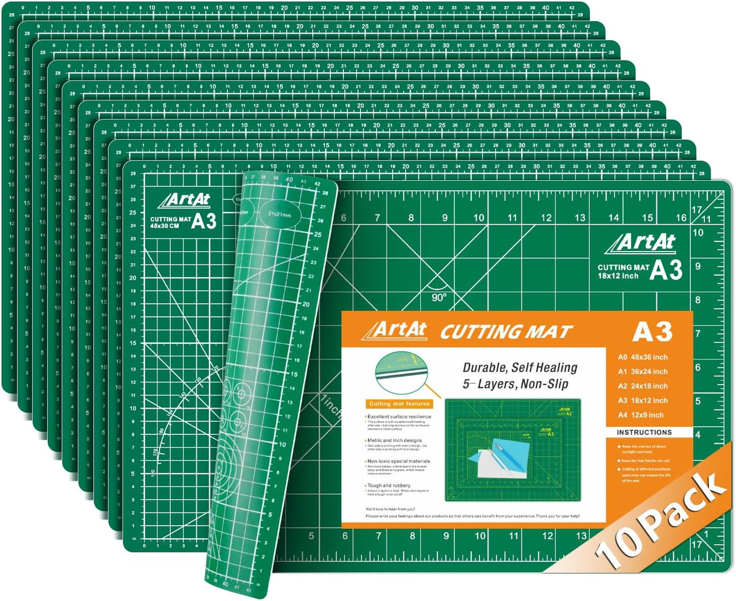 ArtAt Self Healing Cutting Mat: 24 x 36 inch Green Large 5-Ply Double-Sided Durable Non-Slip PVC Cutting Mat for Sewing Quilting Scrapbooking Art & Crafts projects…