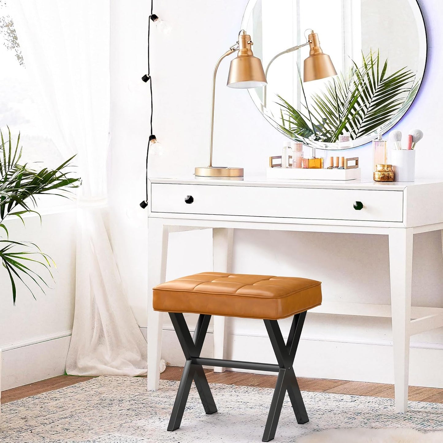 LUE BONA Square Linen Makeup Stool, Metal X Legs, Small Ottoman Stool Chair for Vanity, Modern Padded Seat Foot Rest for Makeup Room, Bathroom