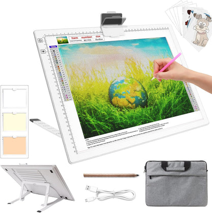 Rechargeable A4 Light Pad - Stepless Dimmable 6 Levels Brightness Tracing Light Box, Diamond Painting Light Board with Top Clip, Battery Powered Portable Light Pad for Weeding Vinyl Tracing