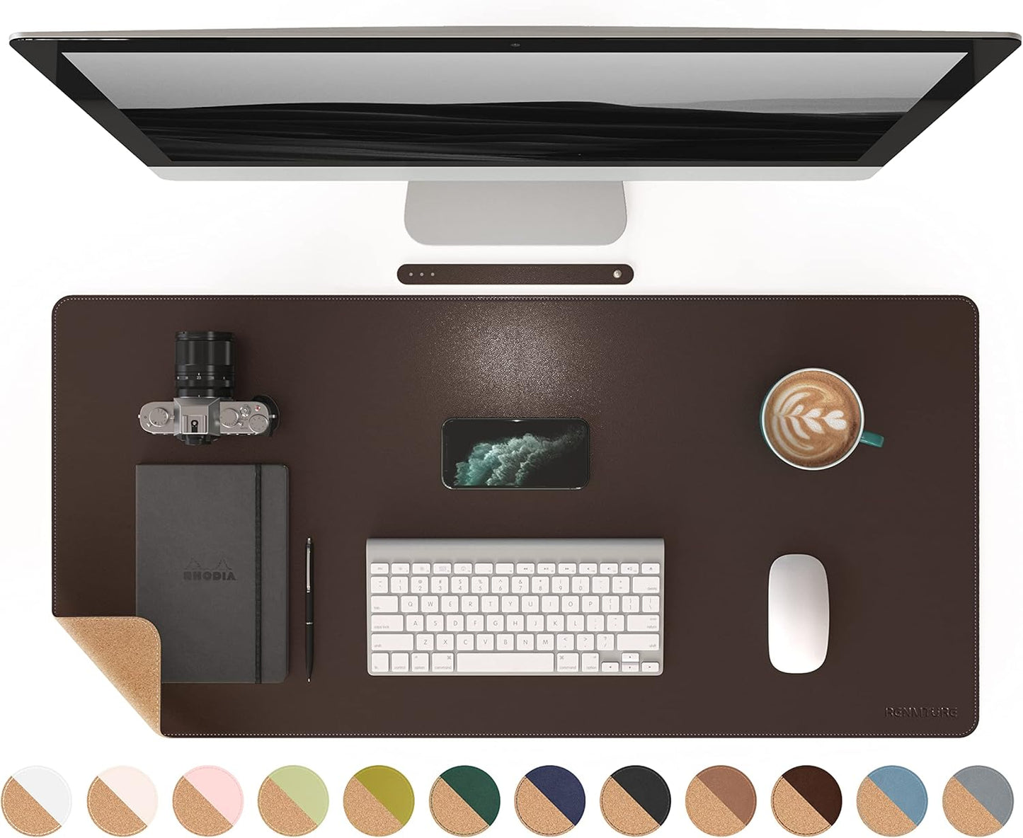 RENMTURE Dual-Sided Mouse Pad, Natural Cork & PU Leather Large Desk Pad for Office and Home Work, Desk Protector Non-Slip, Waterproof, Easy Clean (Olive Green, 32"x16")