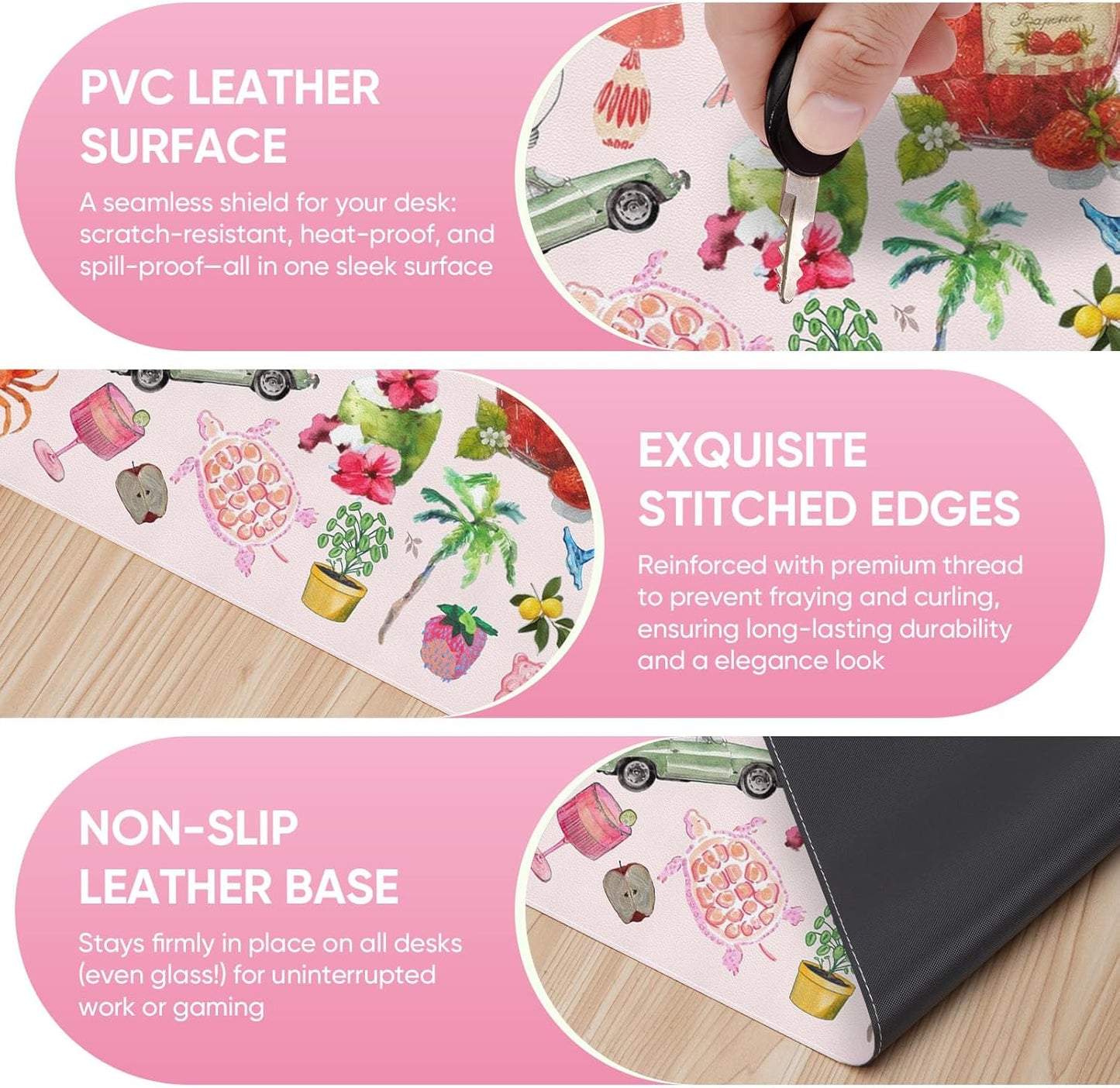 Pink Desk Mat, Leather Desk Pad Blotter Protector, XXL Large Mouse Pad,Computer Laptop Mouse Pads for Desktop,Waterproof Writing Anti-Slip Mousepad for Office and Home I Colorful Stickers