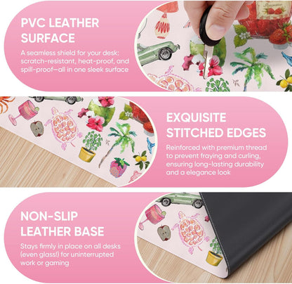 Pink Desk Mat, Leather Desk Pad Blotter Protector, XXL Large Mouse Pad,Computer Laptop Mouse Pads for Desktop,Waterproof Writing Anti-Slip Mousepad for Office and Home I Colorful Stickers