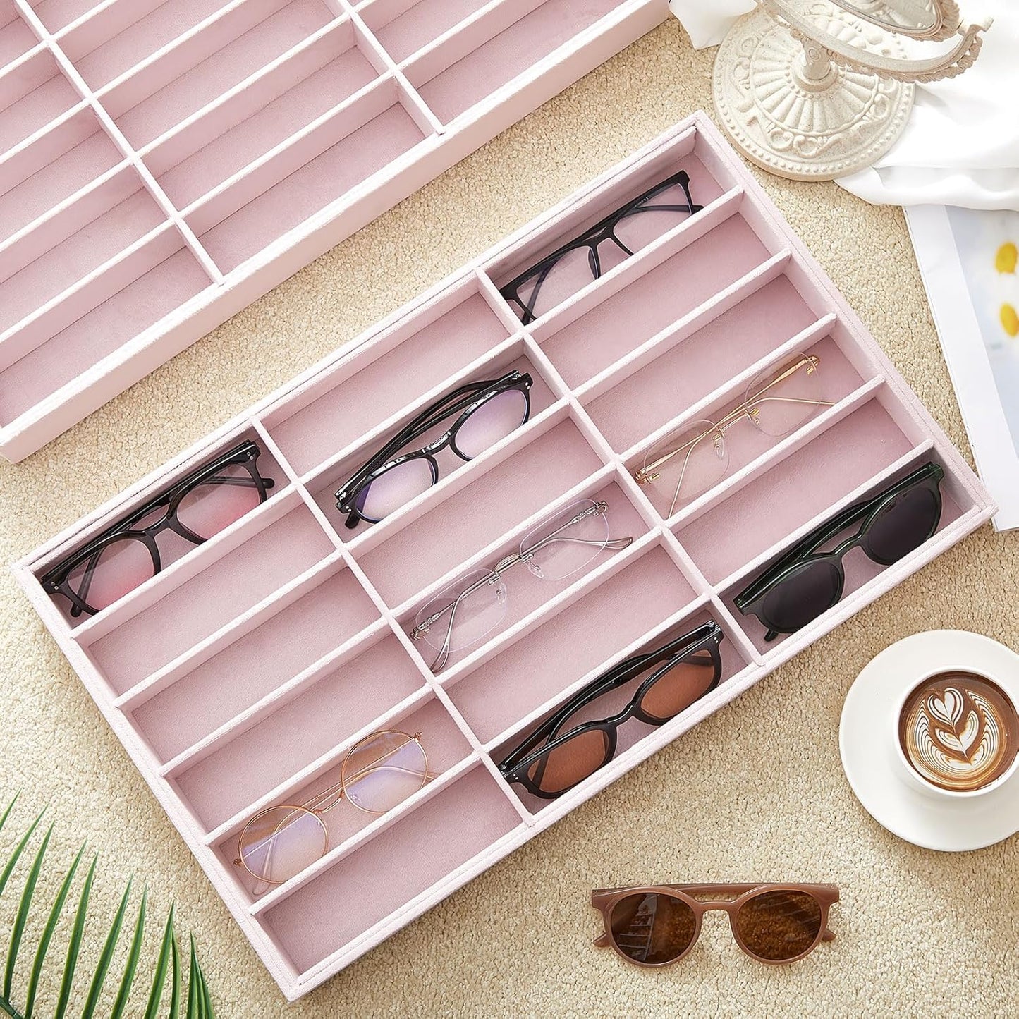 Amylove 2 Pcs Sunglass Organizer Trays Glasses Stackable Jewelry Trays Sunglass Organizer Display Box(8 Grids,Beige)