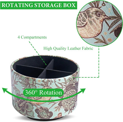 Round Leather Art Supply Organizer,Remote Control Holder,360 Degree Rotating,Multi-Functional Pencil Holder,4 Compartments Desktop Stationary Organizer(1-Fractal Flower) | Round - Colors A