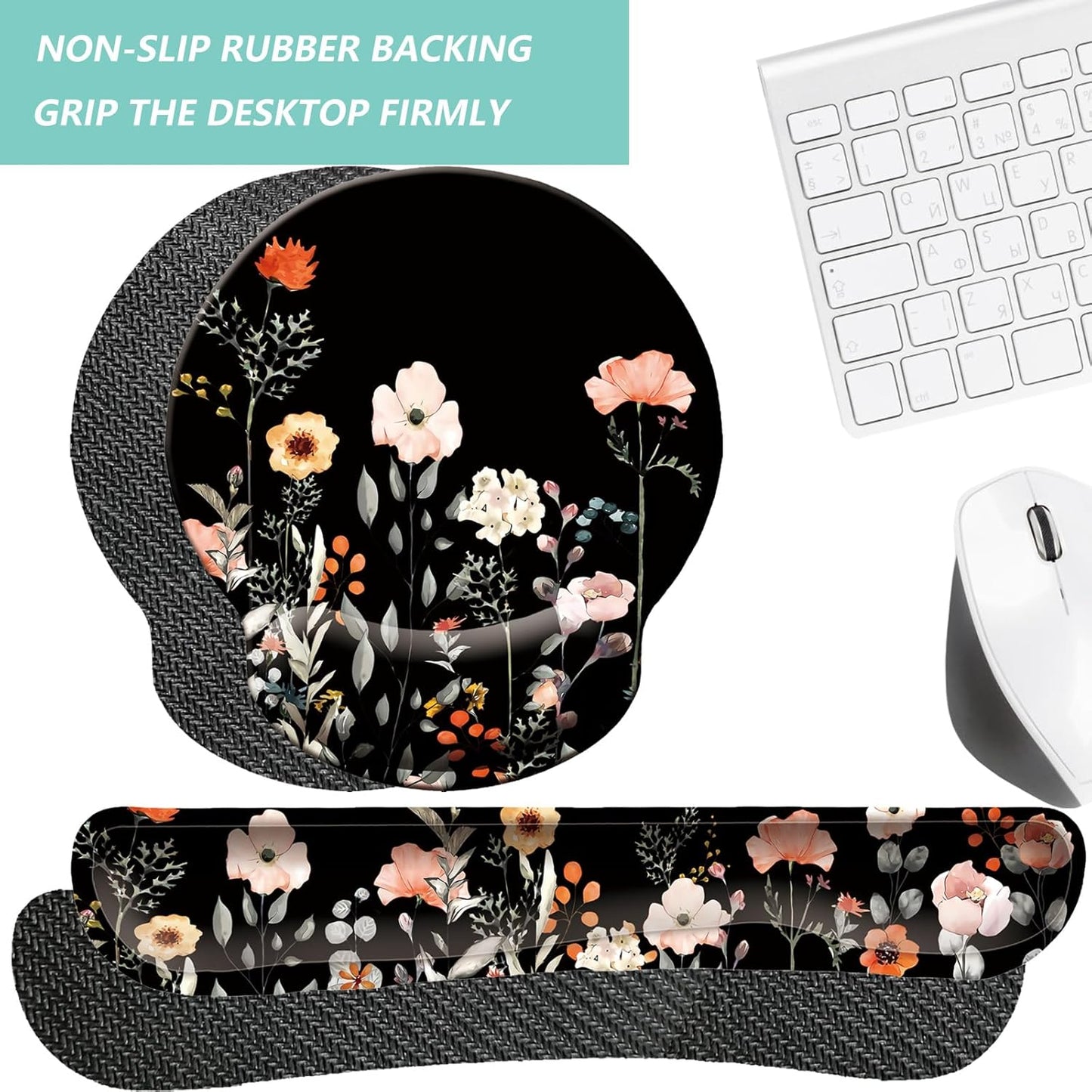 Keyboard Wrist Rest Pad Mouse Pad with Wrist Support Set of 3, Mousepad with Non-Slip Rubber Base, Ergonomic Memory Foam Mouse Wrist Cushion Support for Home Office Laptop Computer Gaming, Forest