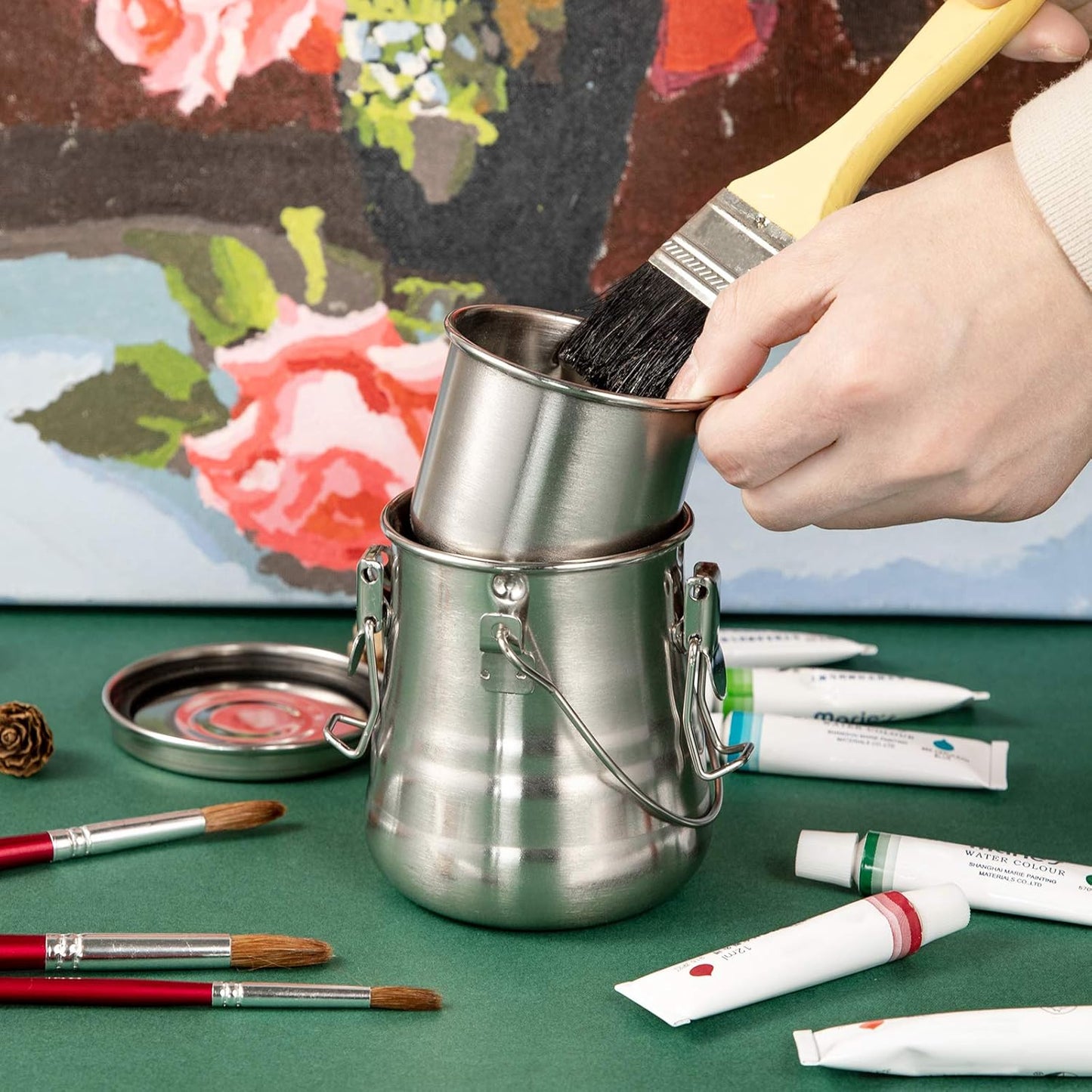 MyLifeUNIT Paint Brush Cleaner, Airtight Stainless Steel Brush Holder for Painting, 13.5oz/Medium