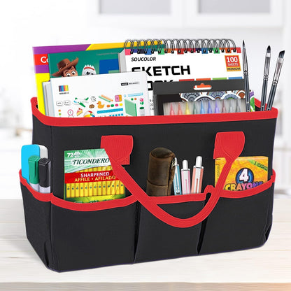 Desktop Tote and Stock Organizer, Teacher Helper Tote Bag Organization for Arts, Books, Stationery, Office Desk Organizer, Make-up Storage Tote with Handles for Travel, Black-Gray