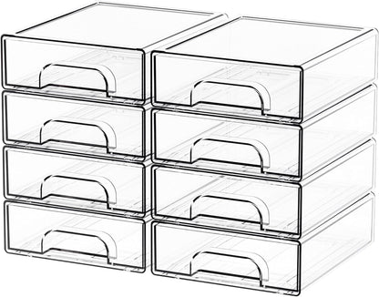 Yieach 8 Pack Small Clear Stackable Storage Drawers,2.2'' Tall Desk Organization and Storage,Plastic Office Supply Organizer,Acrylic Storage Containers for Makeup,Hair Clip,Accessory,Pen,Art Crafts