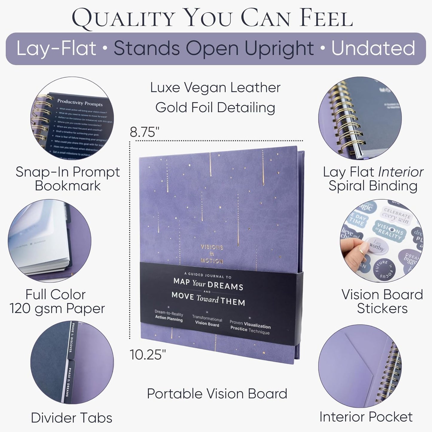 Vision Board Kit & Guided Manifestation Journal | Goal Planner & Habit Tracker, Self Care & Reflection Tools | Undated Vegan Leather Hardcover | Visions in Motion Portable Vision Board