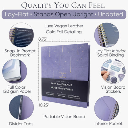 Vision Board Kit & Guided Manifestation Journal | Goal Planner & Habit Tracker, Self Care & Reflection Tools | Undated Vegan Leather Hardcover | Visions in Motion Portable Vision Board
