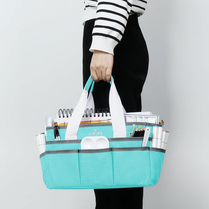 JJRING Craft Organizer Tote Bag for Art Storage, Caddy with Multiple Pockets, Bluish Green Sewing Bag for Scrapbooking, School, Medical, and Office Supplies