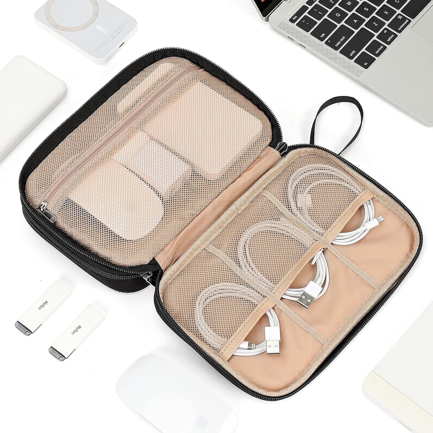 NISHEL Travel Cord Organizer Case, Double Layers Tech Electronic Bag, Essentials for Charger, Cable, Phone, Flash drive, Medium, Pink